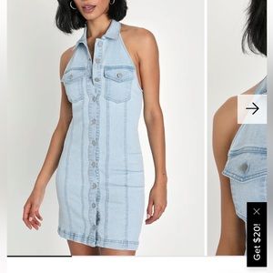 Light Wash Halter Denim Button Mini Dress